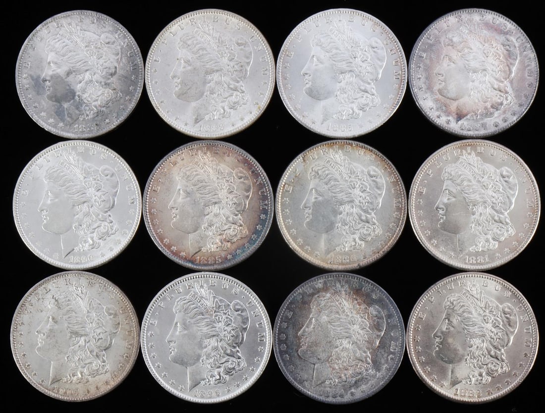 MORGAN SILVER DOLLAR LOT OF 12 UNCIRCULATED COINS: All uncirculated some proof like some toned. Dates are 1881 S, 1882 S, 1883 O, 1884 O, 1885, 1885 O, 1886, 1887, 1888, 1890, 1896, 1904 O. This lot has a reserve.