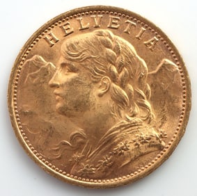 GOLD HELVETIA SWISS 1935 20 FRANCS COIN UNC
