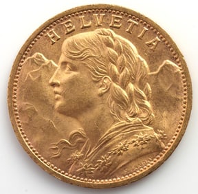 GOLD HELVETIA SWISS 1935 20 FRANCS COIN UNC