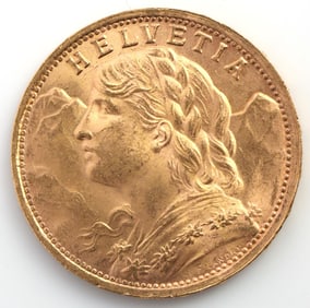 GOLD HELVETIA SWISS 1935 20 FRANCS COIN UNC