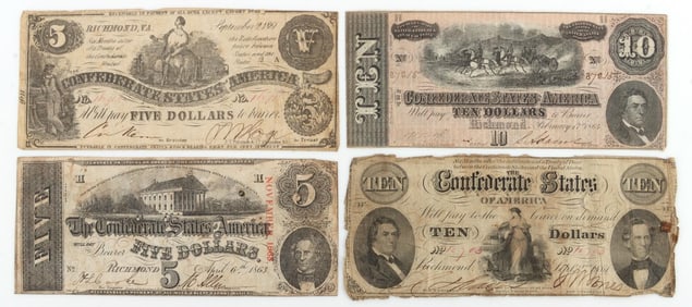 4 CONFEDERATE STATES BANKNOTE CURRENCY LOT