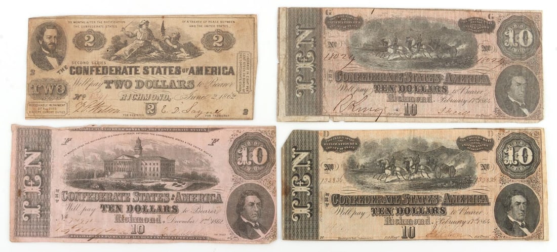 4 CONFEDERATE STATES BANKNOTE LOT W 1862 T 52: Includes Type 52 1862 $10 note and 1862 $2.00 blank back, all pinhole and tear free F or better.
