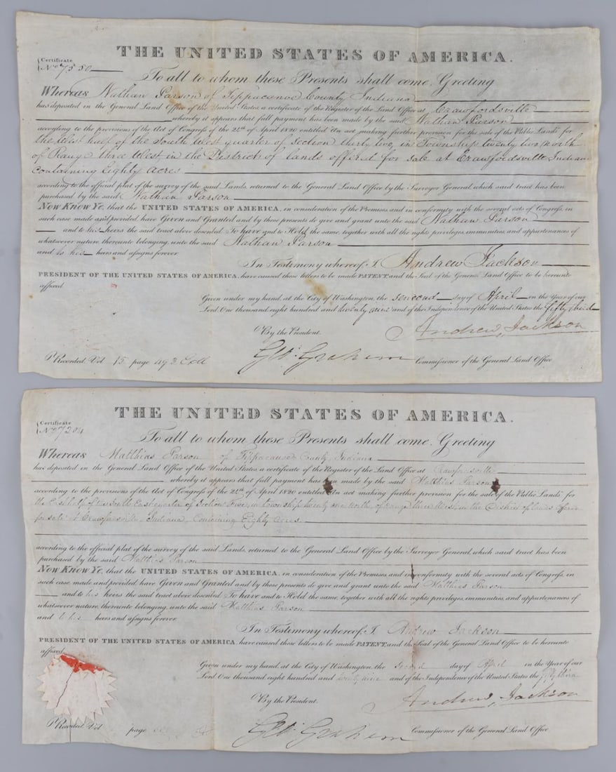 ANDREW JACKSON SIGNED LAND GRANT LOT OF 2 DS: Lot of TWO (2) signed Andrew Jackson land grants for the Parsons family (Matthias and Nathan) of Tippecanoe County, Indiana. Nathan Parson one is missing seal, Matthias Parson one has seal present in 