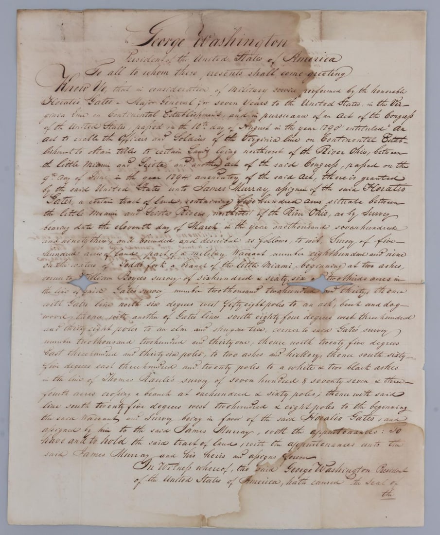 WASHINGTON LAND GRANT FOR HORATIO GATES: Land grant made out to Major General Horatio Gates, American Revolutionary commander at the battles of Saratoga and Camden. This document is a certified true copy of the original, having been rewritte