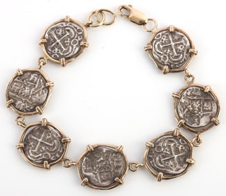 SPAIN SILVER REALE COB COIN & 14 KT GOLD BRACELET