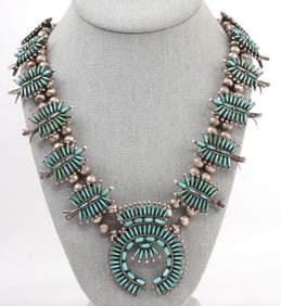 NAVAJO SILVER & TURQUOISE SQUASH BLOSSOM NECKLACE