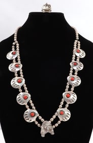 NAVAJO SILVER & CORAL NECKLACE WITH SILVER RING