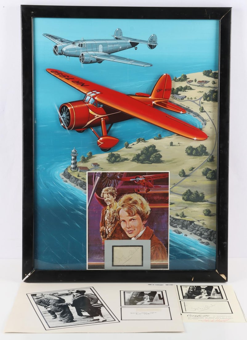AMELIA EARHART PAINTING WITH CUT SIGNATURE COA: Painting of two of Amelia Earhart's planes by Ray Waddey, signed by artist. On canvas and glass panel to create a three-dimensional effect. Bottom of painting features a cut signature of Amelia Earhar