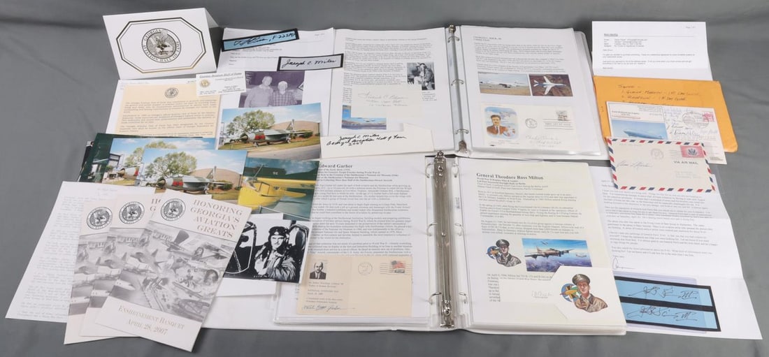 PILOT FOCUSED AUTOGRAPH FOLDERS 40+ SIGNATURES: Lot of TWO (2) folders of over 40+ signatures. Assembled by militaria collector Bruce Cameron to assist with the development of military art that featured signatures from significant figures in aviati