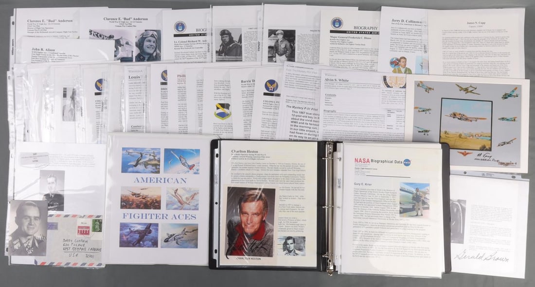 PILOT FOCUSED AUTOGRAPH FOLDERS 40+ SIGNATURES: Lot of TWO (2) folders containing 40+ signatures. Assembled by militaria collector Bruce Cameron to assist in the development of military art that featured signatures from significant figures in aviat