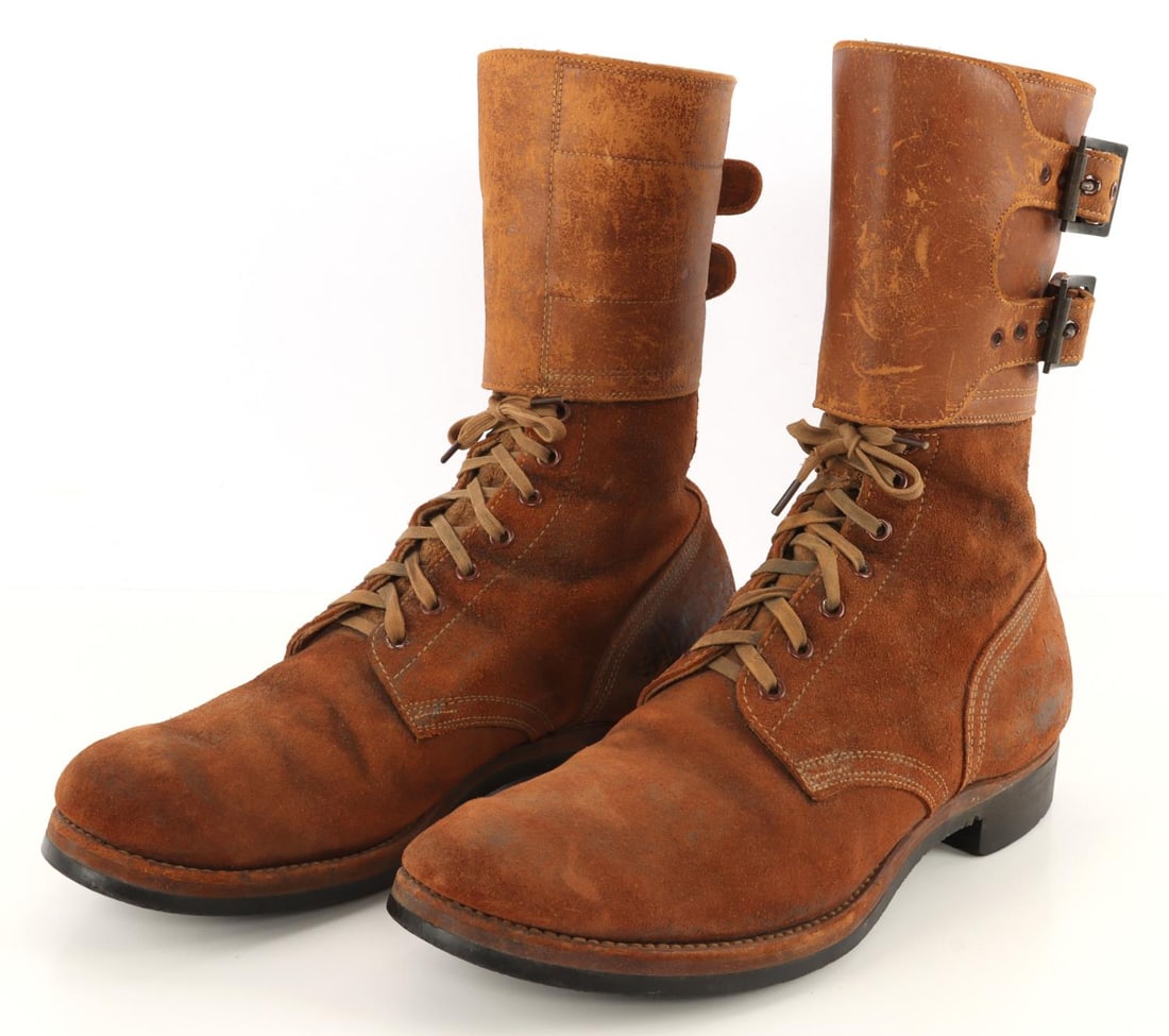 WWII US INFANTRY COMBAT BOOTS TWO BUCKLE 1944: Pair of GI infantry combat boots from World War II. Leather body, Goodyear soles. Two buckles. Boston Depot, 1944 construction, number 6-W19-C7. Size 11.5. Very good, original condition. This lot has 
