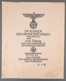 WWII GERMAN HITLER SIGNED KNIGHTS CROSS AWARD