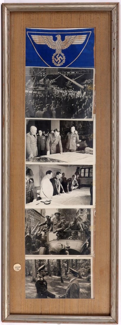 LOT OF 5 HEINRICH HOFFMANN PHOTOGRAPHS & 1 FLAG: Lot of SIX (6). Includes FIVE (5) Henrich Hoffmann photographs with press release approval markings on back (Adolf Hitler at a rally, Hitler looking at a map with Benito Mussolini, Hitler and Hermann