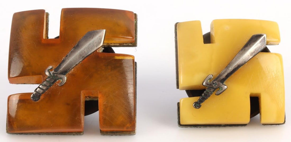 WWII LATVIAN INDEPENDANT STUDENT COMPANY BADGE: Amber badges with silver backing. They measure1 inch and 7/8 inch. Very good condition. Previously from emedals.com This lot has a reserve.
