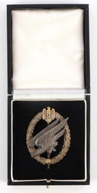 CASED WWII NAMED LUFTWAFFE PARATROOPER BADGE