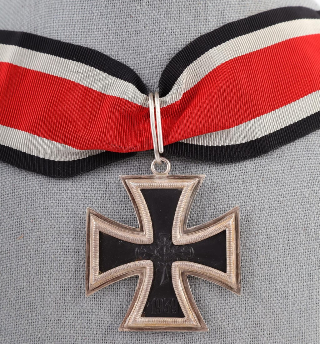 POST WWII GERMAN KNIGHTS IRON CROSS FOR VETERAN: Two-piece silver frame with magnetic core. Marked 800 for silver. Measures 1 7/8 inches. Very good condition.