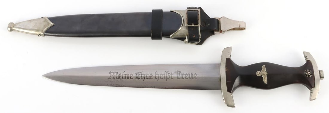 WWII GERMAN THIRD REICH SS HONOR DAGGER: Steel blade with etched motto and E.P. & S. maker on reverse. Inlaid eagle and SA runes on wood grip. Nickel crossguards with casting marks. Good tang. Reverse has been ground. 13.25 inches. Housed in