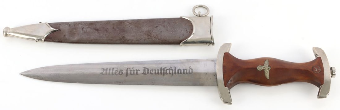 WWII GERMAN THIRD REICH SA DAGGER HAMMESFAHR: Steel blade with etched motto. Reverse with maker mark. Nickel crossguards with P. A. engraved on interior. Inlaid eagle and SA runes. Tang is marked with "H" on both sides and C/A on obverse. 13 5/8