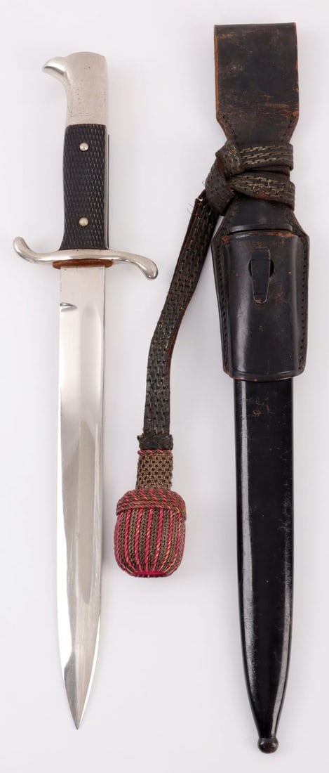 WWII GERMAN FIRE PARADE BAYONET BY LUNESCHLOSS: Third Reich fireman's long model dress or parade bayonet with scabbard, frog and portapee. Ricasso has maker's mark P.D.L. of Peter Daniel Luneschloss. Very well-preserved polished steel blade with br