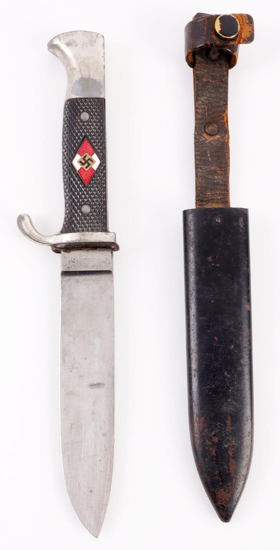 WWII GERMAN HITLERJUGEND KNIFE BY KLITTERMAN MOOG: Third Reich Hitler Youth knife by Klitterman & Moog. Polished steel blade. Alloy nickel-silver plated quillon and pommel (non-magnetic). Bakelite grip panels with HJ diamond inset. Ricasso stamped "RZ