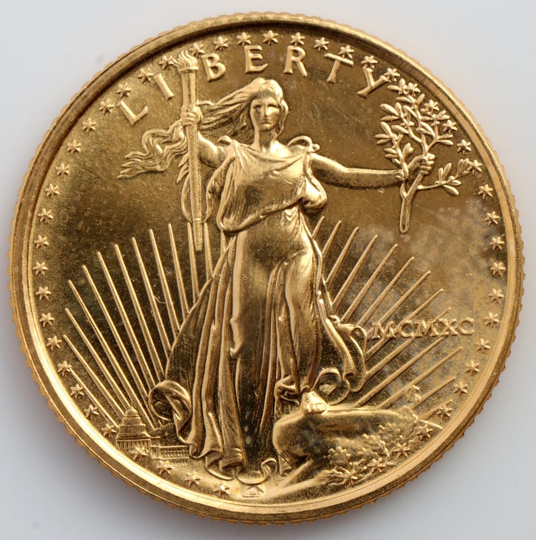 1990 GOLD 1/10 OZT OUNCE AMERICAN EAGLE BU COIN: Brilliant uncirculated. This lot has a reserve.