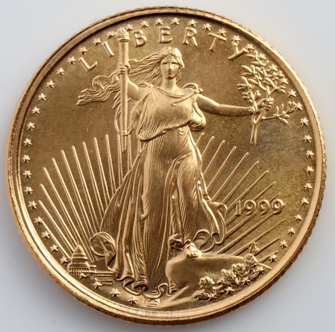1999 GOLD 1/10 OZT OUNCE AMERICAN EAGLE BU COIN: Brilliant uncirculated. This lot has a reserve.