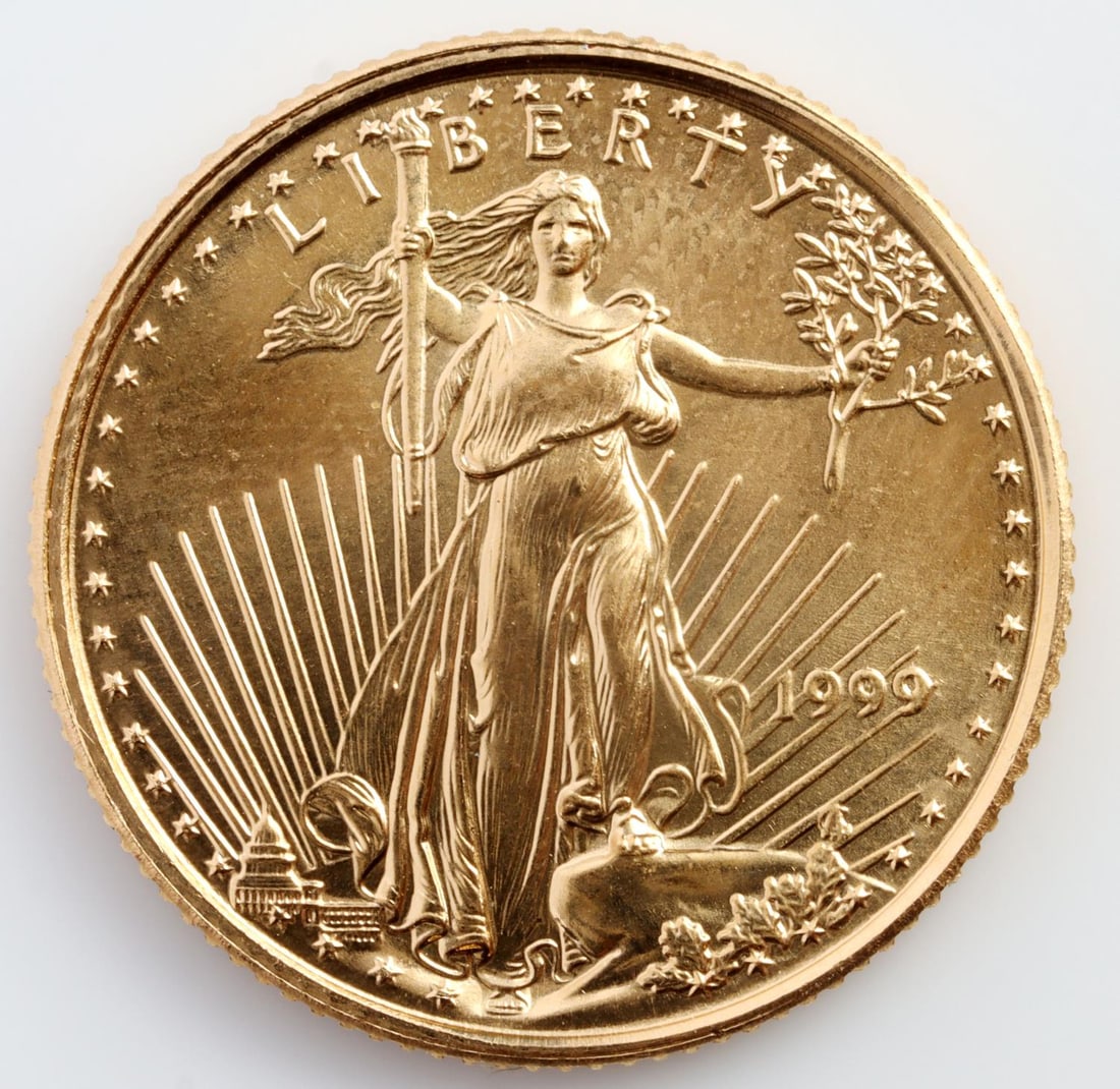 1999 GOLD 1/10 OZT OUNCE AMERICAN EAGLE BU COIN: Brilliant uncirculated. This lot has a reserve.