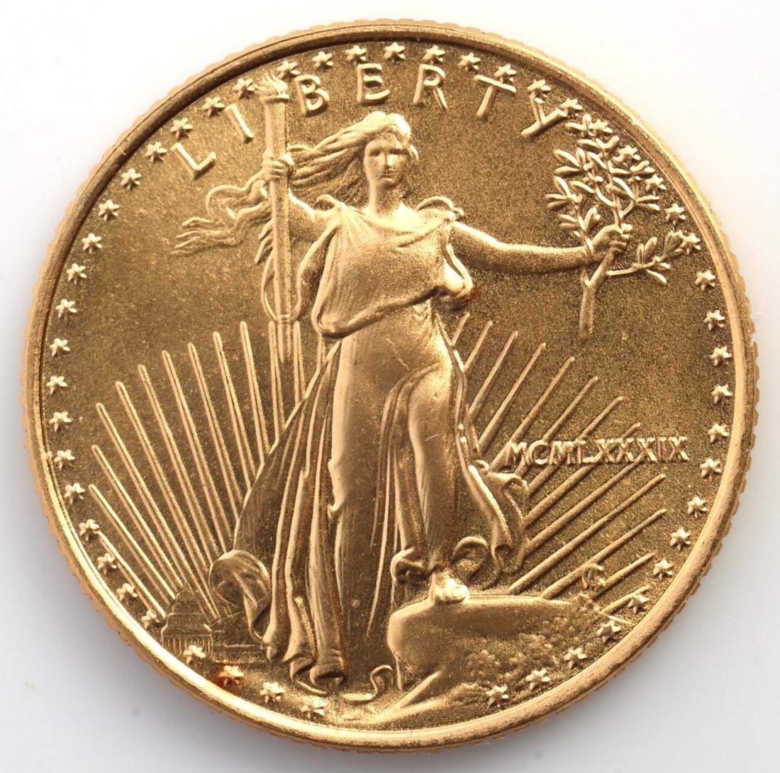 1989 GOLD 1/10 OZT OUNCE AMERICAN EAGLE BU COIN: Brilliant uncirculated. This lot has a reserve.