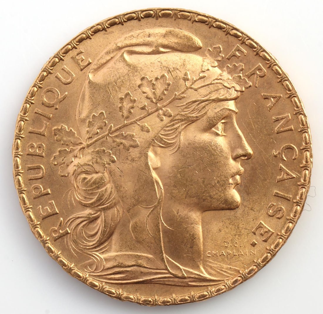 GOLD HELVETIA SWISS 1908 20 FRANCS COIN UNC: Helvetia gold coin. 900 gold, 6.4 grams. Brilliant Uncirculated. This lot has a reserve.