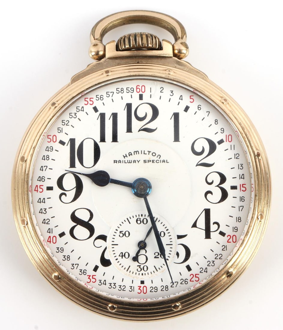 HAMILTON 922B RAILWAY SPECIAL 10K GF POCKET WATCH: Hamilton model 992B, "Railway Special" railroad watch, size 16, 10K gold fill case. Movement 21 jewels, DMK, adj. temp & 6 positions. Runs and holds time. Movement serial C251910. Very good overall co
