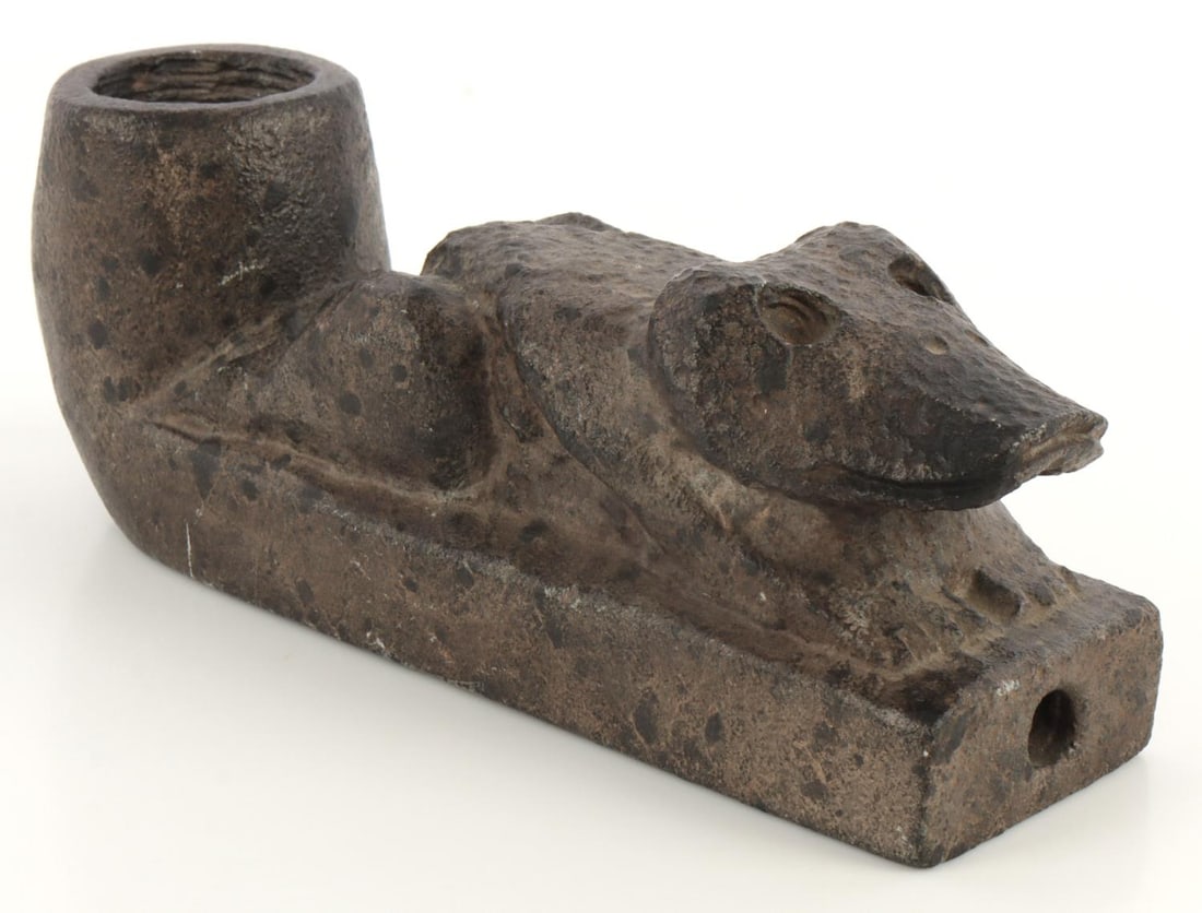 NATIVE AMERICAN CARVED STONE EFFIGY PLATFORM PIPE: 6.5 X 2.5 inches. 2 pounds. Age and origin unknown, but consistent with 19th century and/or Cherokee designs. Last purchased from an Ohio antique shop in 1988. A few scuffs, no cracks or repairs noted