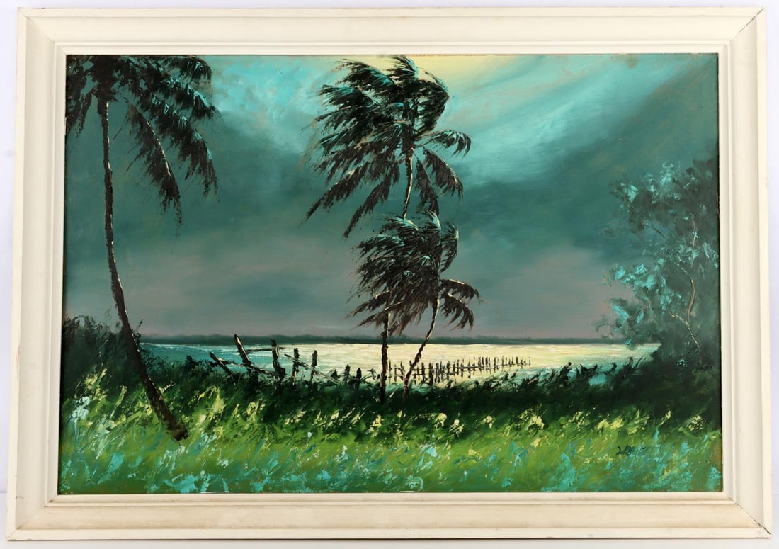 FLORIDA HIGHWAYMEN CASTRO ROBERTS PAINTING BEACH: Florida Highwaymen painting by original member Livingston 'Castro' Roberts. Painting shows a beach at night during what appears to be an approaching storm. The palm trees show distinct motion in their