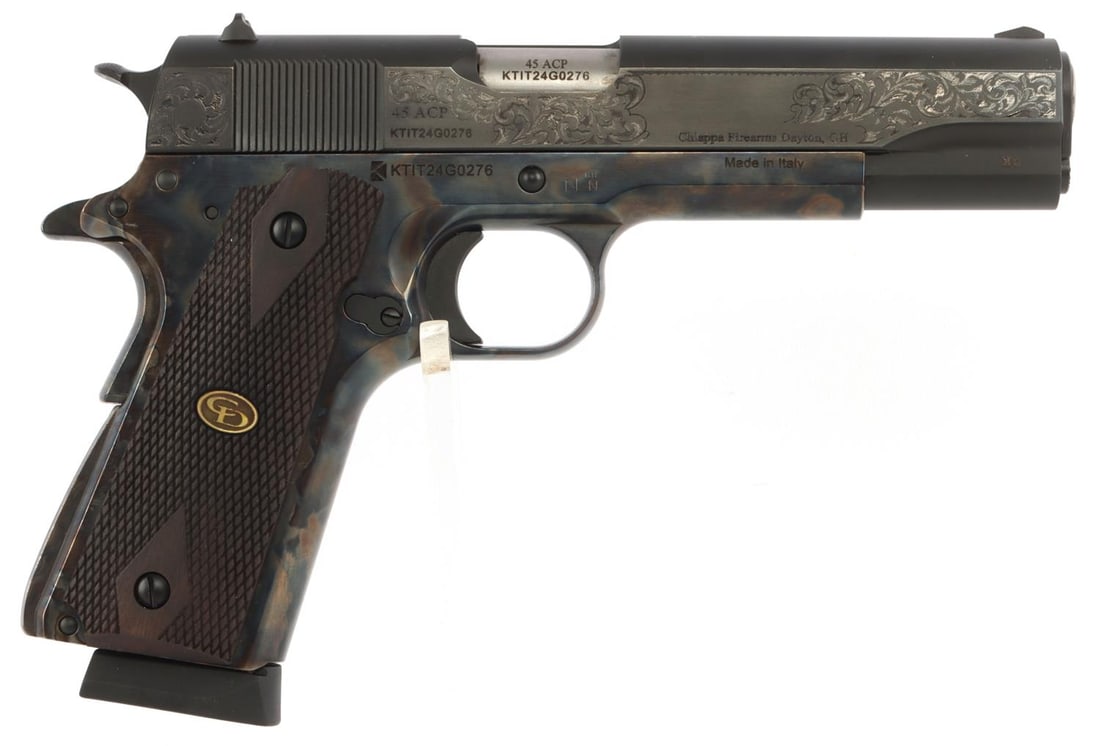 CHARLES DALY CD 1911 SEMI AUTO FIELD PISTOL W BOX: 4.75-inch barrel. Fixed front sight. Rear sight. Diamond checkered wood grip plates. Blued finish. One (1) 8-round magazine. Very good overall condition. Includes original box. No international shippi