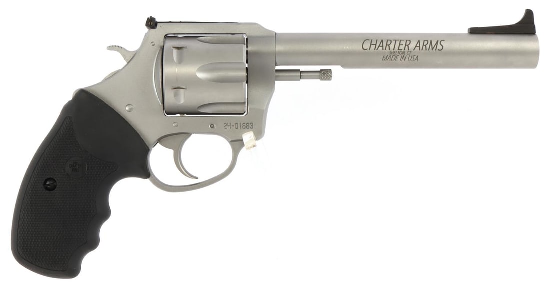 CHARTER ARMS .357 MAG 6 SHOT REVOLVER NIB: NIB. Charter Arms 6-shot revolver. .357 mag caliber. 6-inch barrel. Total length: 11 inches, total weight: 27 ounces. Stainless steel frame and finish. FFL required for transfer. No international ship