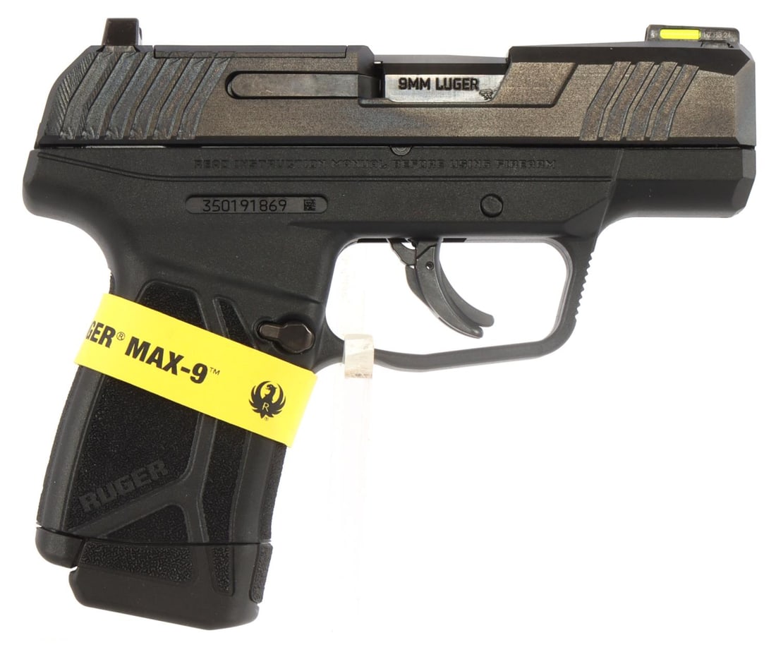 RUGER MAX 9 SEMI AUTOMATIC 9MM PISTOL NIB: New in box. 3-inch barrel. Green fiber optic front sight. Rear sight. Textured grip points. Two (2) 10-round magazines. Gun lock & manual. No international shipping. FFL required for transfer. Know yo