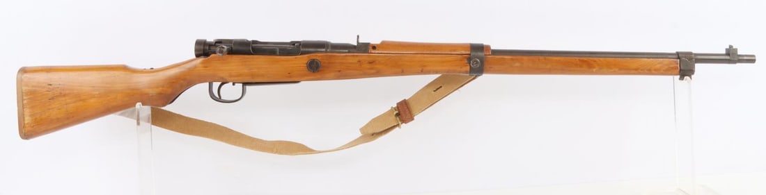 WWII ARISAKA TYPE 99 NAGOYA LAST DITCH RIFLE: WWII Imperial Japanese Arisaka Type 99 bolt action rifle, cal 7.7mm, matching serial numbers. 26-inch barrel. Left receiver flat has series 10 kana, serial 5997 and Nagoya arsenal mark. Pinned and wel