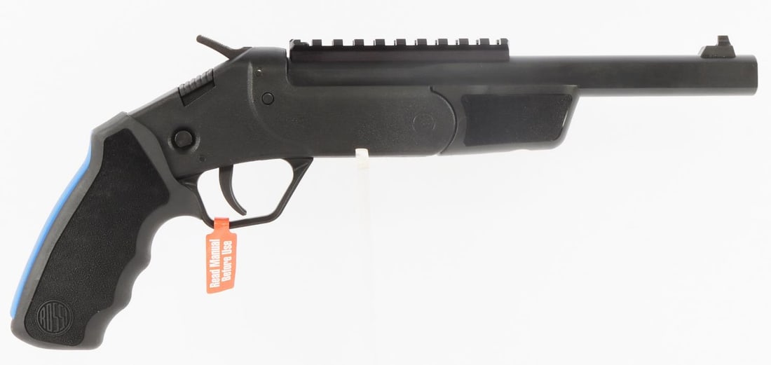 ROSSI BRAWLER 410 GA 45 COLT SHOTGUN SINGLE SHOT: 9-inch barrel. Steel alloy, polymer finish. Two (2) holders included. No international shipping. FFL required for transfer. Know your state laws prior to bidding. Caliber: .410 / .45 LC Serial #: 7CD0