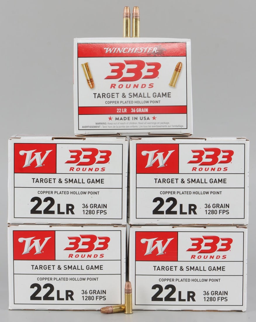 1665 RDS WINCHESTER 22 LR 36 GR SMALL GAME AMMO: 5 boxes, 333 rounds each, 1665 rounds total, Winchester Target & Small Game Copper Plated Hollow Point, 22 LR, 36 Grain Ammunition. No international shipping. Know your state laws prior to bidding. Th