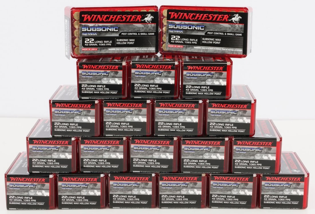 2000 ROUNDS .22 LR WINCHESTER 42 MAX SUBSONIC AMMO: Lot of 2000 rounds .22 LR 42gr subsonic rimfire ammunition. New manufacture Winchester 42 MAX. MPN W22SUB42. No international shipping.