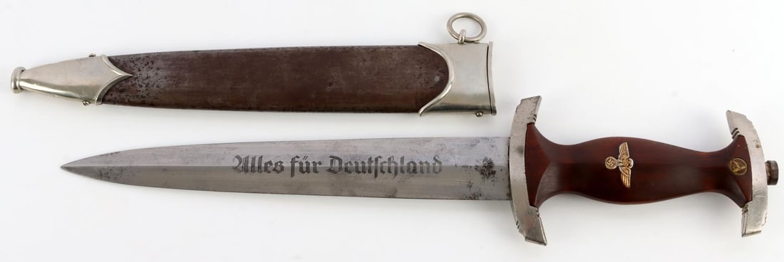 WWII GERMAN THIRD REICH SA HONOR DAGGER: Sturmabteilung honor dagger. Wooden handle, steel blade, aluminum crossguard and pommel. Tang partially threaded. 'Alles fur Deutschland' inscribed on blade, stamped RZM on back. Steel scabbard. 8.75-