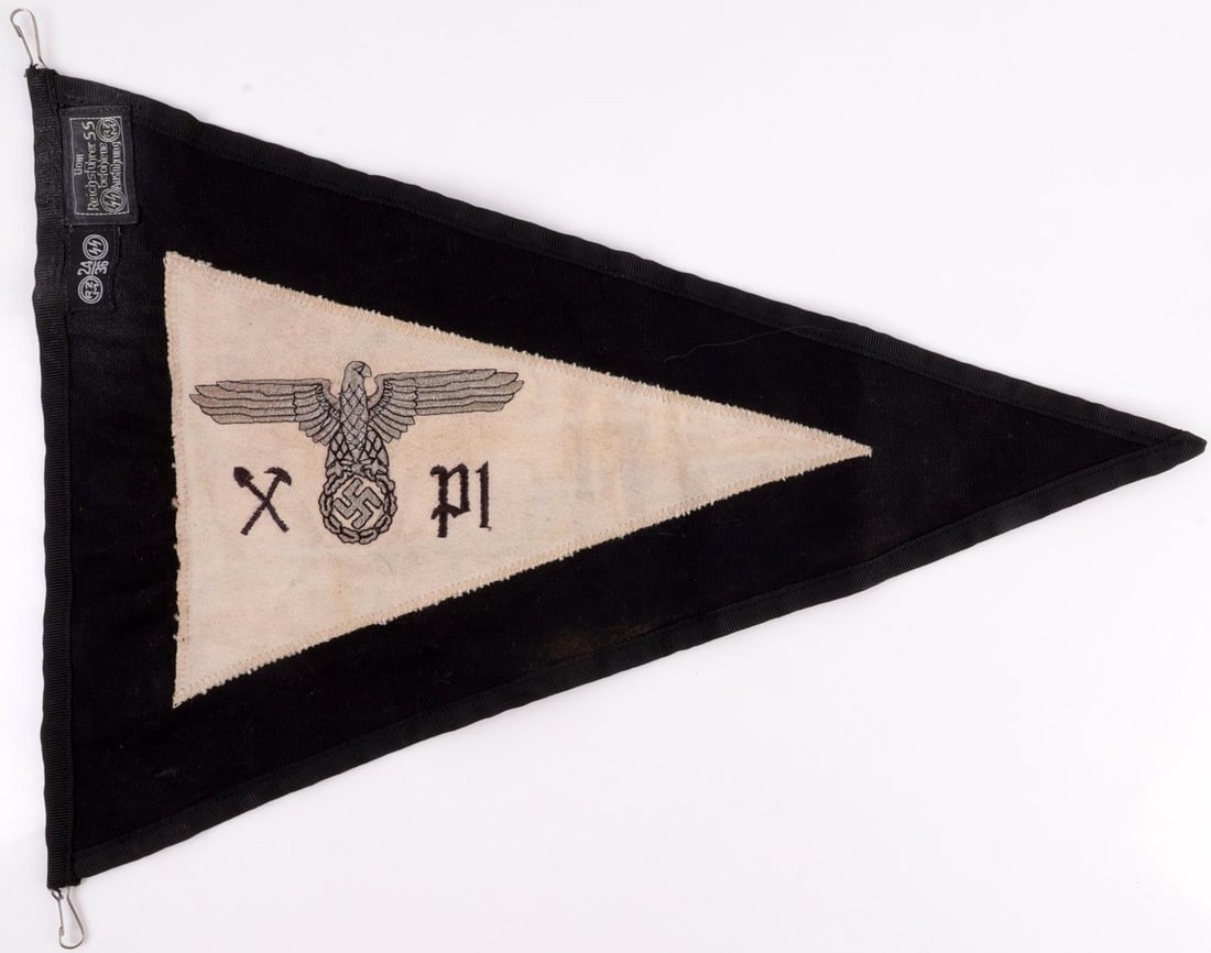 WW2 GERMAN THIRD REICH SS PIONEER REGIMENT BANNER: SS RZM tags featured on reverse 24/36. Double sided. Measures 15 X 10 3/8 inches. Non-fluorescing. Very good, original condition.