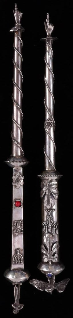 2 ANTIQUE RUSSIAN JEWISH SILVER YAD TORAH POINTERS: Lot of TWO (2) includes: 1) Silver Torah yad pointer with eagle, leaves, menorah, and Star of David ending in a pointing hand. Silver stamped and dated 1851. 11.75 inches. 2) Silver Torah yad pointer 
