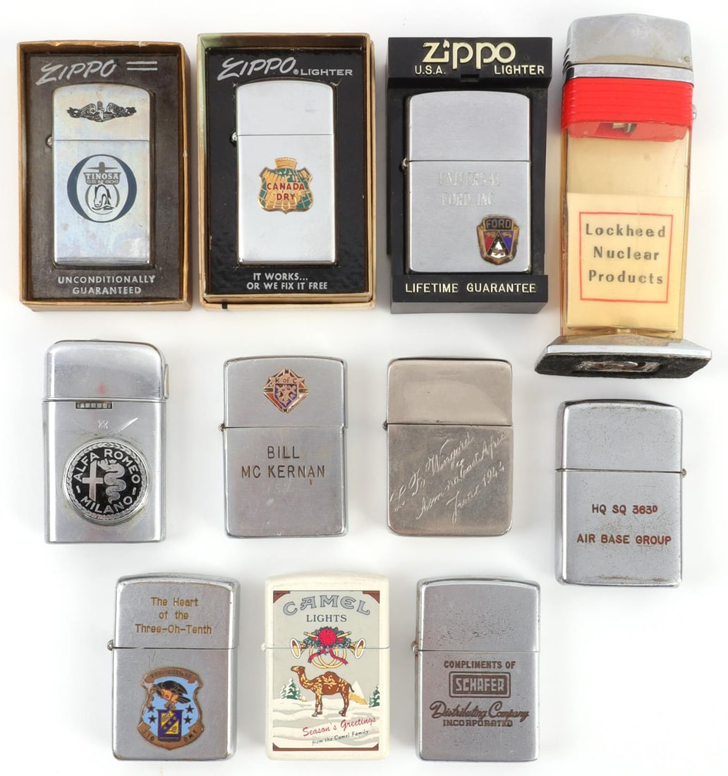 LOT OF 10 VINTAGE ZIPPO LIGHTERS 1940S-PRESENT: Lot of TEN (10). 1) 'The Heart of the Three Oh-Tenth' and a decal for the 310 OMS. 2) 'Compliments of Shafer Distributing Company Incorporated.' 3) 'Universal Ford, Inc.' and a Ford decal. 4) 'Season 