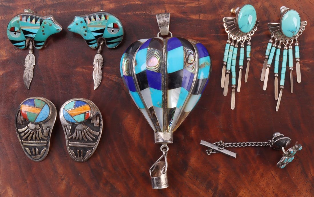 LOT OF 5 TURQUOISE EARRINGS & PENDANT NAVAJO: Lot of FIVE (5). 1) Silver balloon pendant with turquoise, onyx, and mother of pearl inlay. 2 X 3.5 inches. 2) Dyed turquoise silver earrings, no backs. 3) Silver earrings with turquoise, onyx, and mo