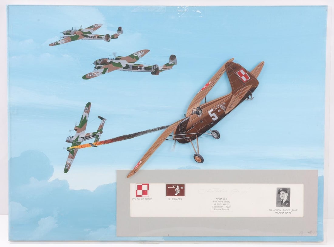 WWII AUTOGRAPHED PAINTING OF POLISH & LUFTWAFFE: Painting of aerial combat on September 1, 1939 between Polish pilot Wladek Gnys and Luftwaffe pilots, the first confirmed Allied kill of World War II in the European theater. Signed by Gnys, signature