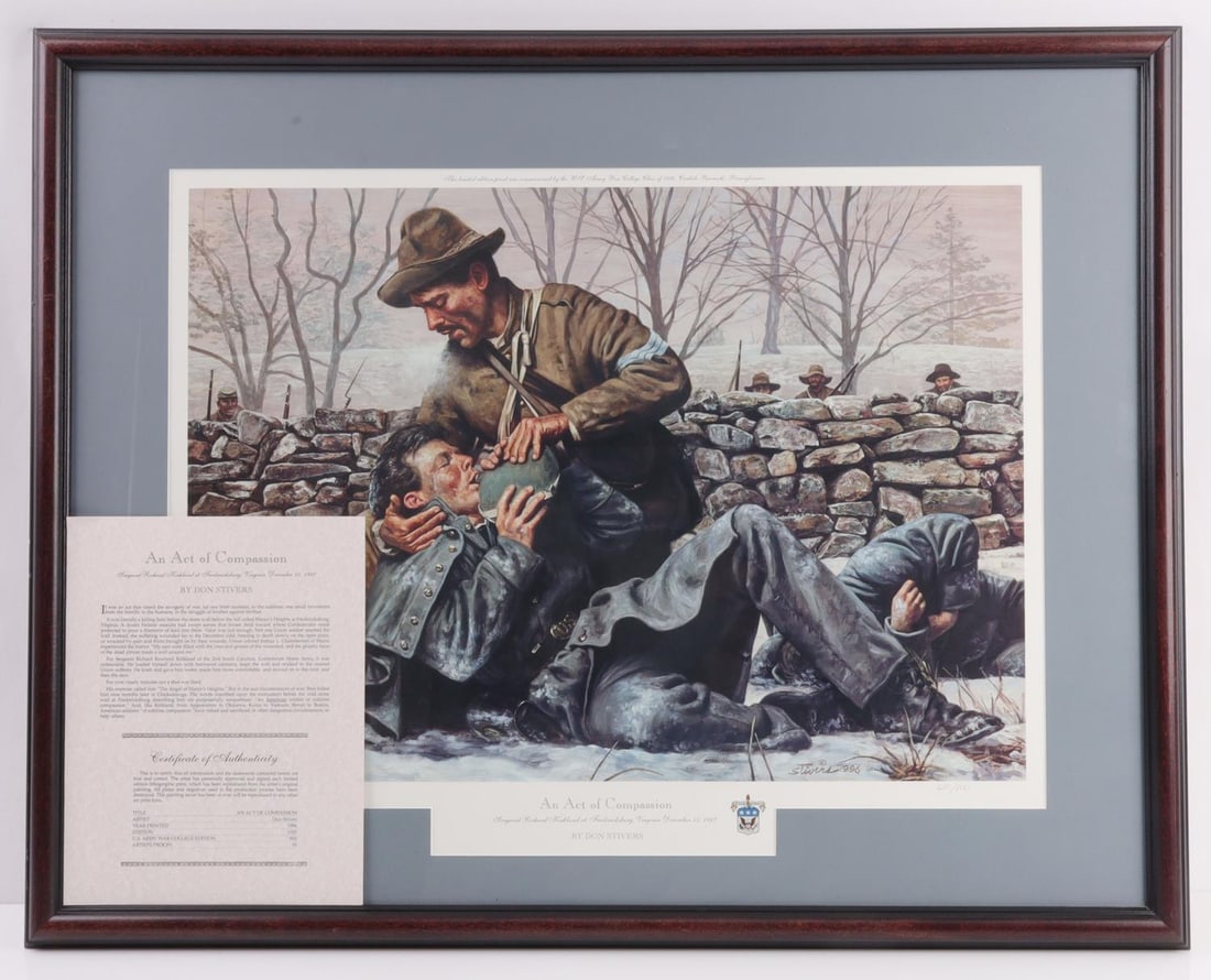 STIVERS PRINT RICHARD KIRKLAND AT FREDERICKSBURG: Artist signed "An Act of Compassion" (657/800) painting shows Confederate soldier Richard Rowland Kirkland delivering water to a wounded Union soldier at Fredericksburg, likely meant to reflect events