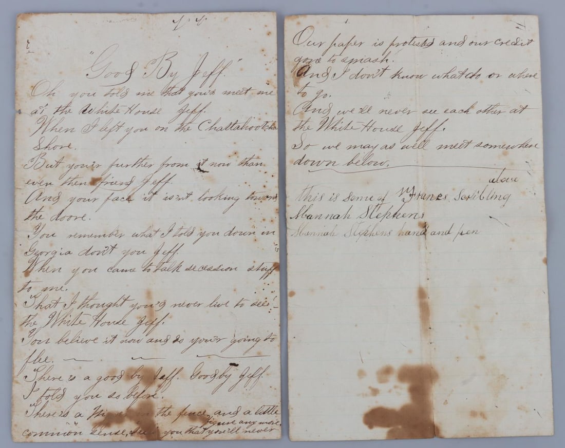 HANDWRITTEN COPY OF GOODBYE JEFF UNION SONG: Handwritten copy of the Union marching song 'Goodbye Jeff,' misspelled as 'Good By Jeff.' Lyrics have been changed to reflect concerns present at the end of the Civil War from a Confederate perspectiv