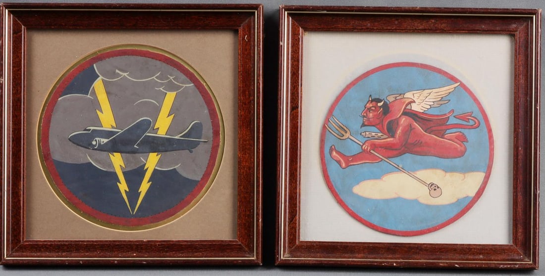 LOT 2 FRAMED WWII TUSKEGEE AIRMEN D-DAY PATCHES: Lot of TWO (2). 1) Leather jacket patch for the 77th Troop Carrier Squadron 'the Totin' Tigers,' assigned to the 101st Airborne during the D-Day landings. 2) Leather jacket patch for the 302nd Fighter