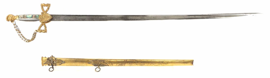NAMED M1850 UNITED STATES MILITIA CAPTAIN SWORD: Dedicated to Commander Captain T. Munroe Jr from the men of the Lynn Light Infantry. The sword is steel and etched with his name and dated June 1837. The crossguard, pommel, and scabbard are construct