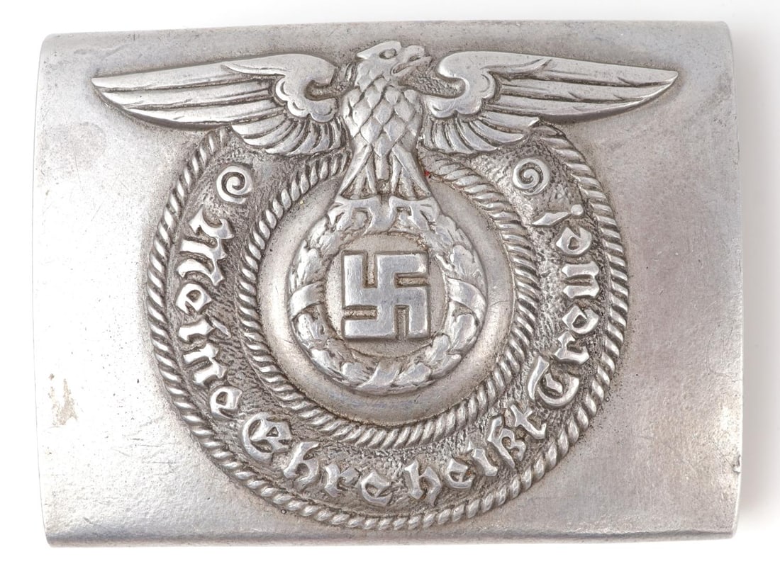 WWII GERMAN THIRD REICH SS ALUMINUM BELT BUCKLE: Third Reich SS Belt buckle. Aluminum construction. Back is marked "RZM 36/40 SS." 2 3/8 inches. Very good condition. Unauthenticated, sold "as is." This lot has a reserve.